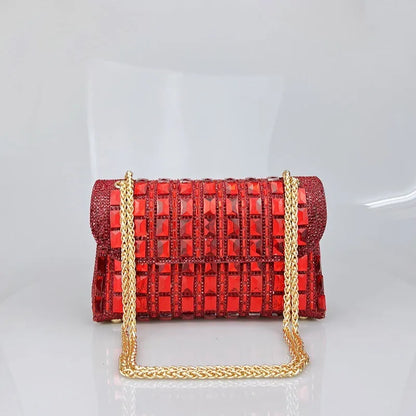 Silver rhinestone-decorated PU leather clutch bag with a metal chain strap, shown open to reveal interior phone pocket.