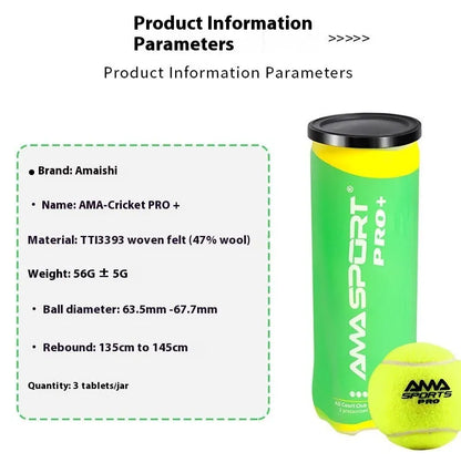 Three high elasticity training tennis balls for cage plate tennis and cricket practice