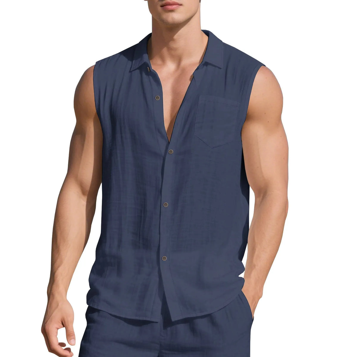 Man's sleeveless linen cardigan vest with a polo collar in a light khaki colour, laid flat.