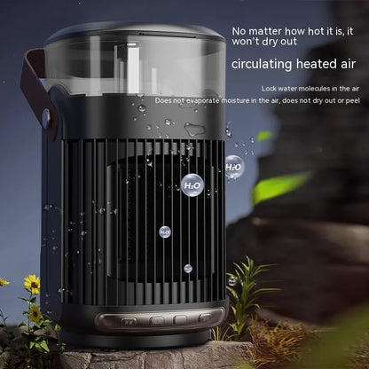 Black portable heater with humidifier measuring 24x13x13cm with front control panel and shaking head mechanism