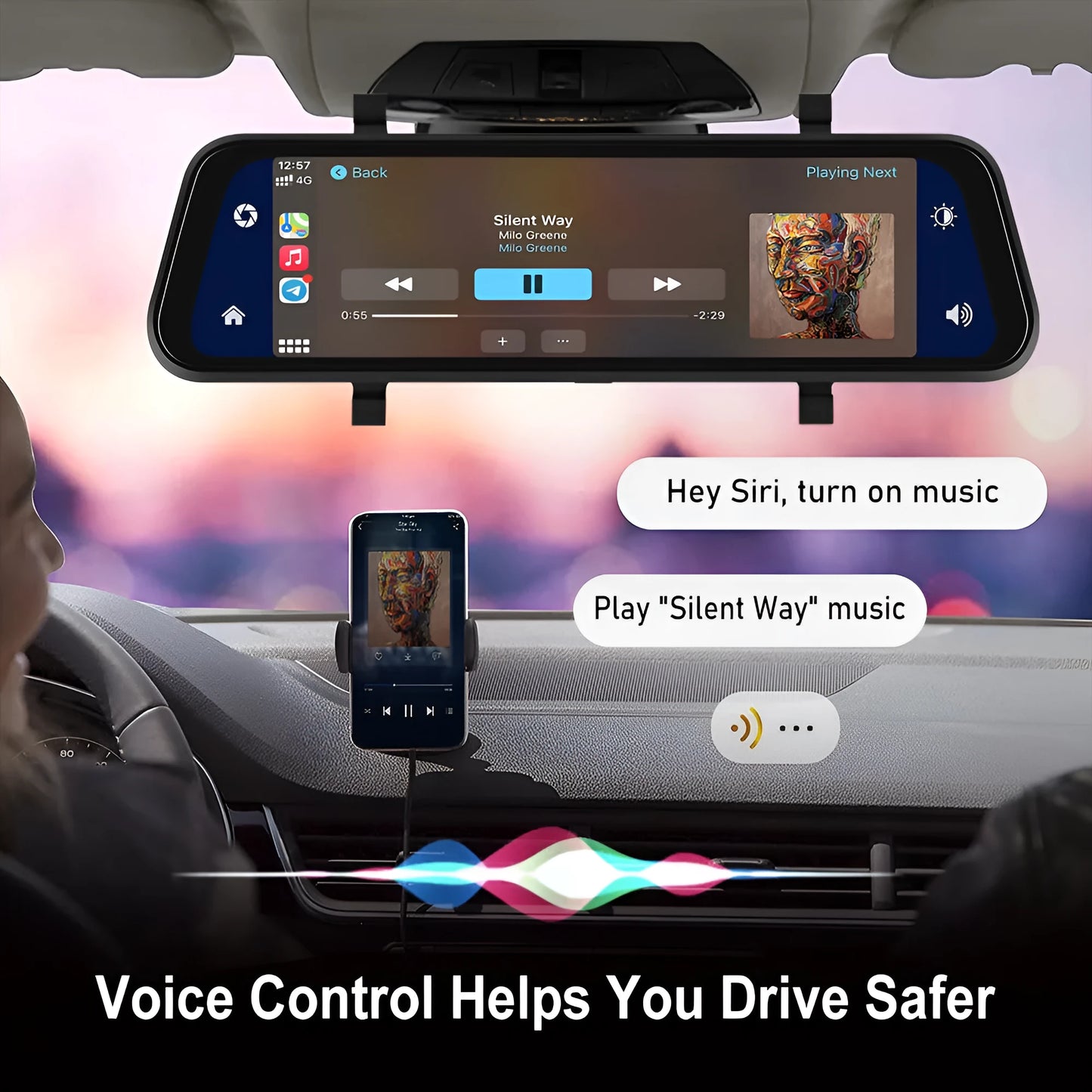 9.66-inch black car DVR mirror display showing smartphone CarPlay interface and rear camera feed.