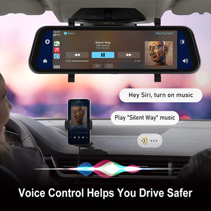 9.66-inch black car DVR mirror display showing smartphone CarPlay interface and rear camera feed.