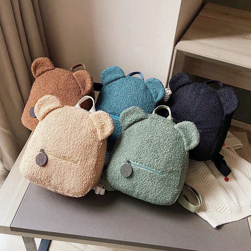 Adorable bear-shaped backpack made of soft, fleece material for kids and women's travel and everyday use