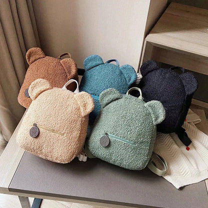 Adorable bear-shaped backpack made of soft, fleece material for kids and women's travel and everyday use