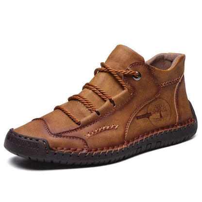 Men's brown leather mid-top boots with front lace-up and rubber sole