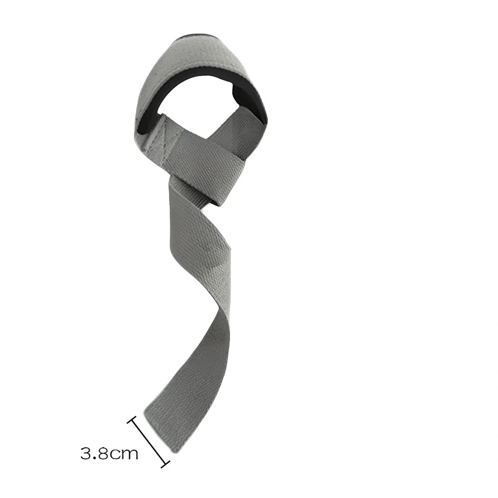 Pair of grey weightlifting straps with metal buckles showing 45cm length and 5cm width dimensions