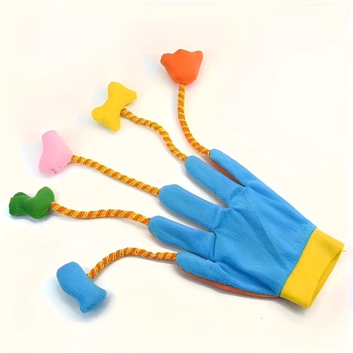 Magic Glove interactive cat toy with bell and trailing elements in yellow and blue colours