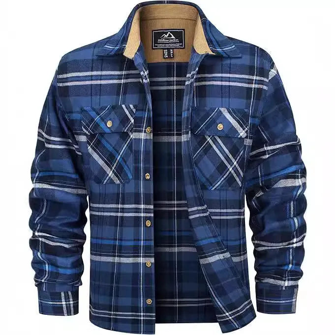 Men's polyester flannel button shirt in plaid pattern showing colour options and button-front design