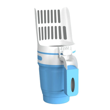 Grey, blue, or green pet litter scoop with attached waste collection bin and foldable bottom