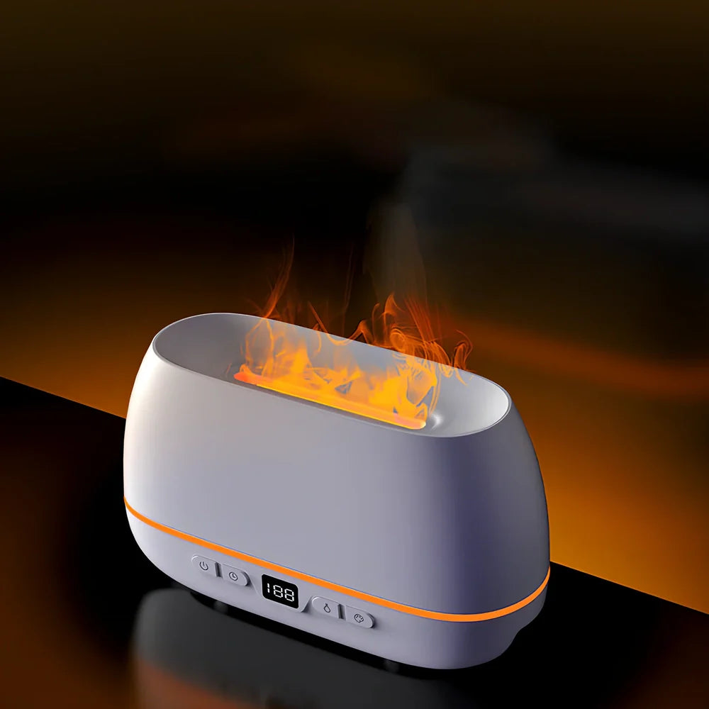 White 200ml USB flame humidifier with colour lights, remote, 226x127x87mm size for aromatherapy diffusion