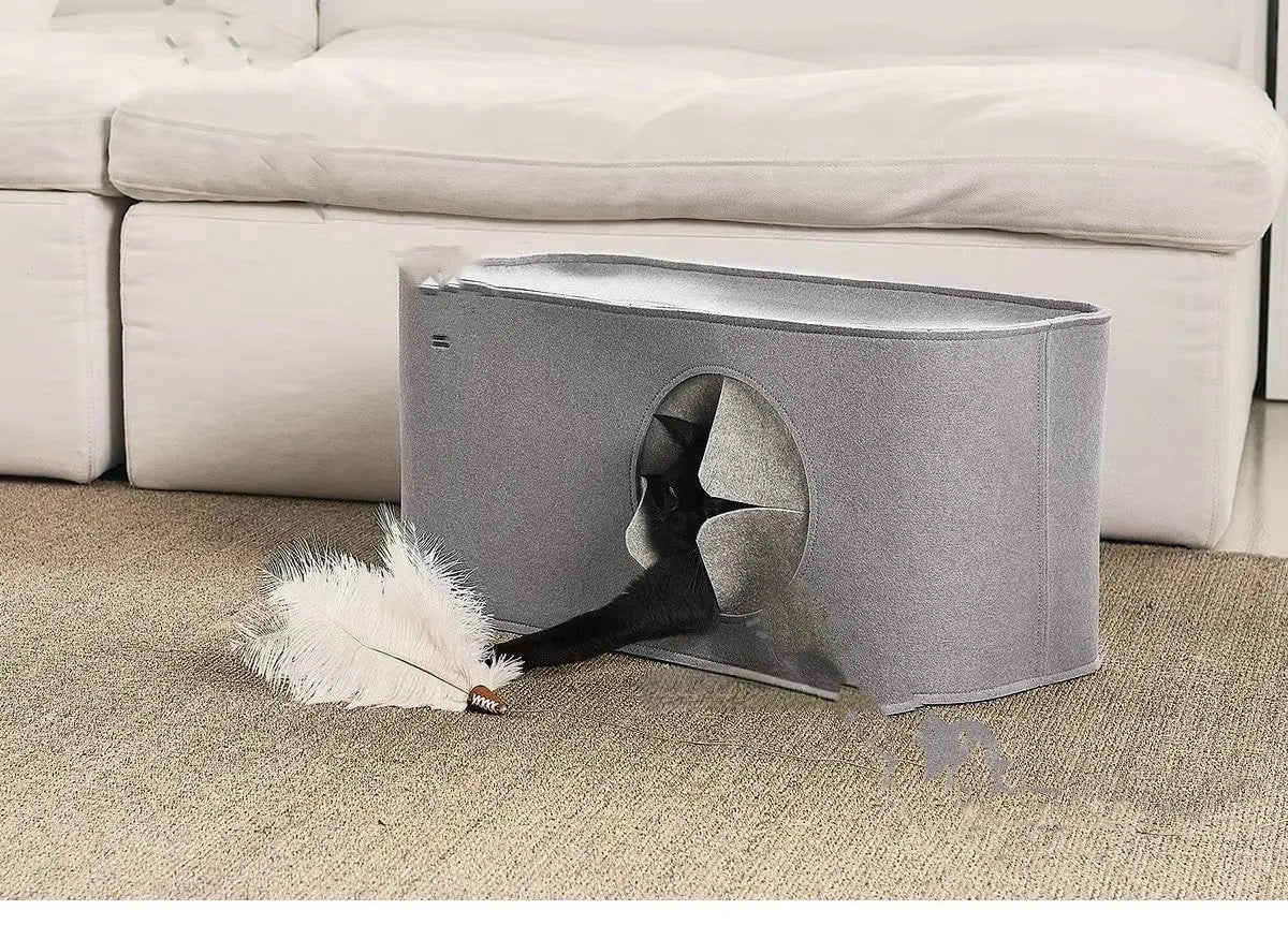 Khaki and grey foldable felt cat nest shown in two size options for pet beds or cage inserts.