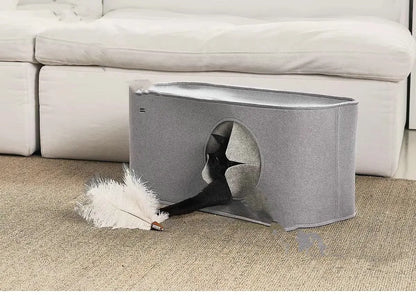 Khaki and grey foldable felt cat nest shown in two size options for pet beds or cage inserts.