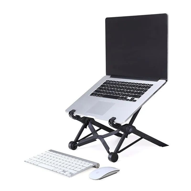 Portable folding computer bracket in sagacious black with lifting mechanism and carrying case