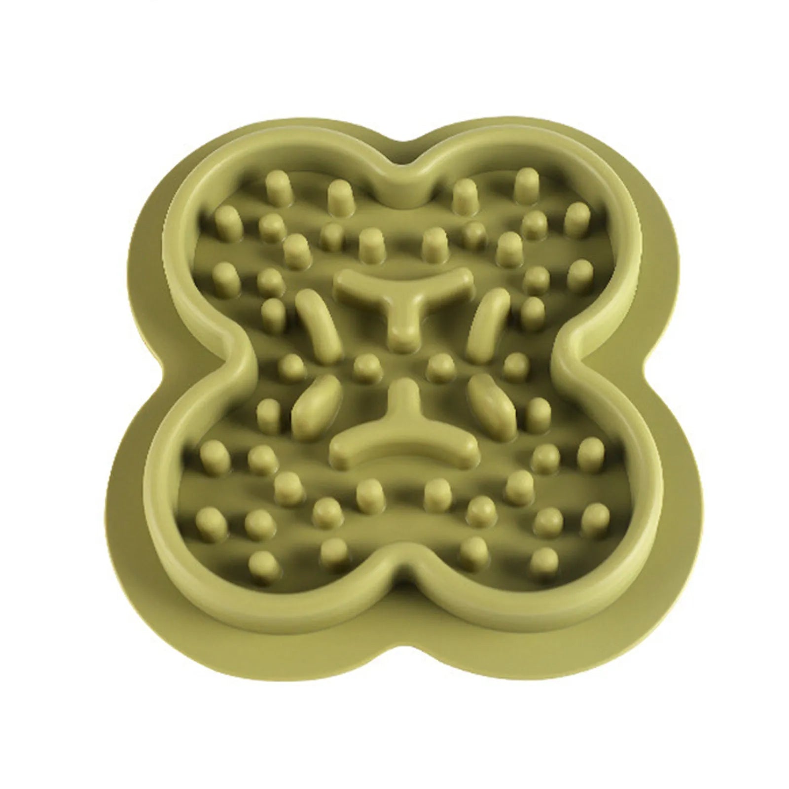 A raised silicone pet licking pad placed on a floor, showing its textured surface and non-slip base.
