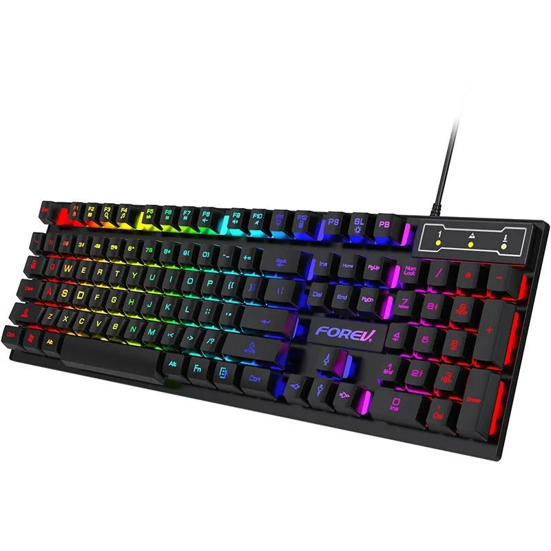 Black portable gaming keyboard with 104 keys and backlight illumination next to matching mouse