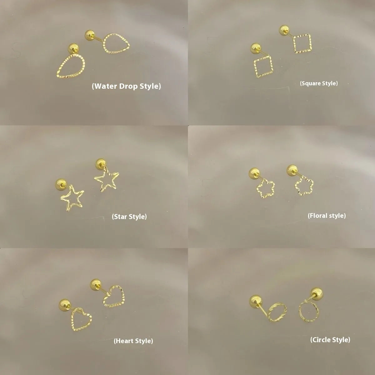 Pair of small spiral geometric ear studs with gold hollow thread finish in mixed material, shown in eight shape options.