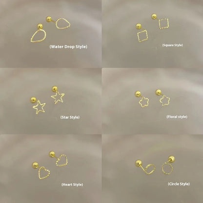 Pair of small spiral geometric ear studs with gold hollow thread finish in mixed material, shown in eight shape options.
