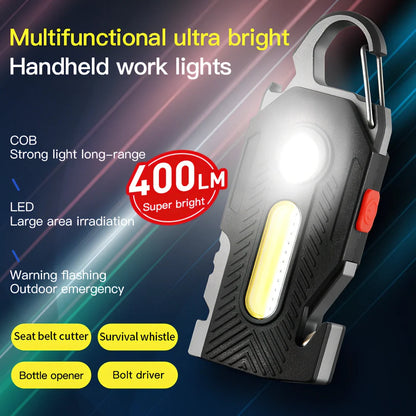 Multifunctional emergency light with mountaineering buckle showing bottle opener and seat belt cutter tools