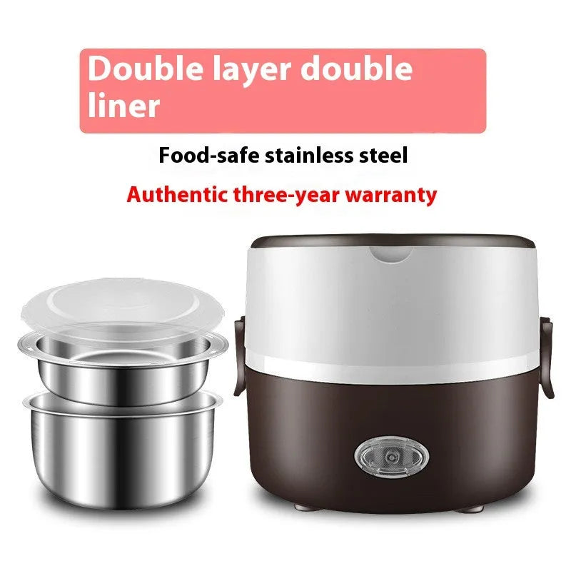 Portable plug-in insulated lunch box with stainless steel inner liner, shown in coffee and pink colour options.