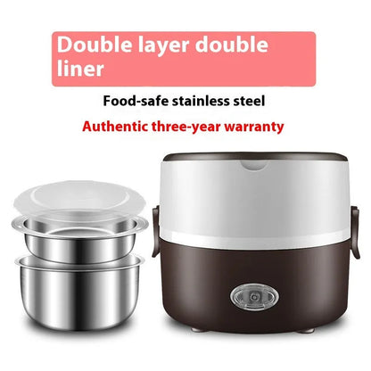 Portable plug-in insulated lunch box with stainless steel inner liner, shown in coffee and pink colour options.