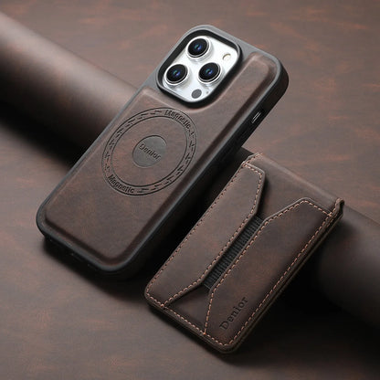 Magnetic iPhone case with rotating bracket and card pack in blue, brown, or black imitation leather.