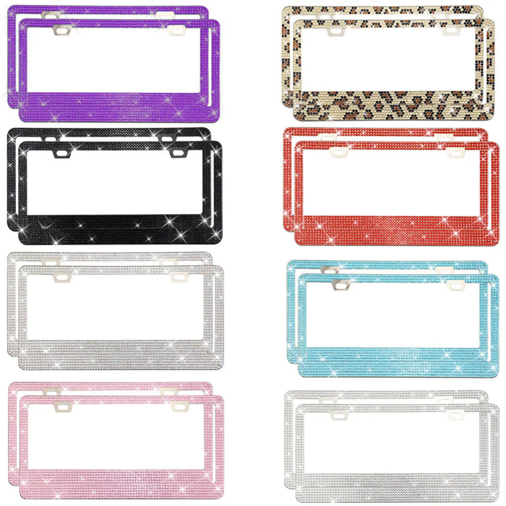 Stainless steel license plate frame with square holes for applying coloured acrylic diamond crystals.