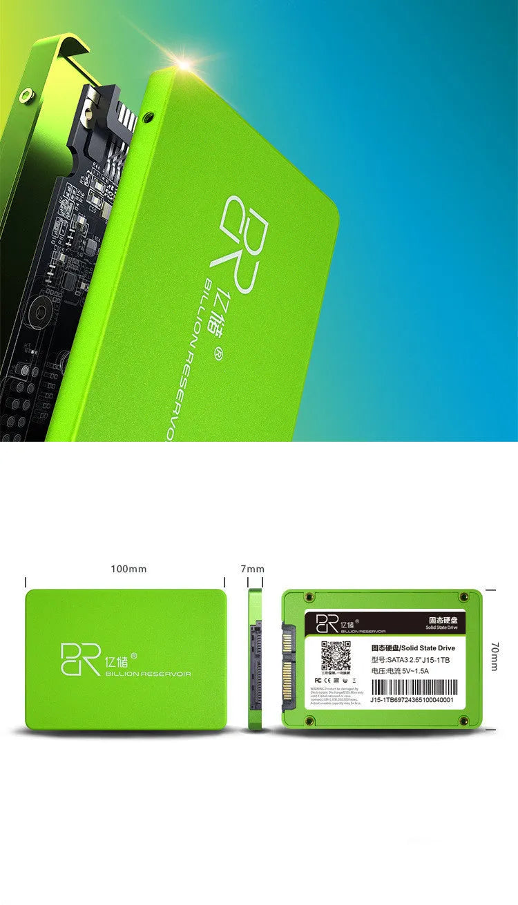 Black 2.5-inch SATA solid state drive with plastic casing, shown alongside capacity options.