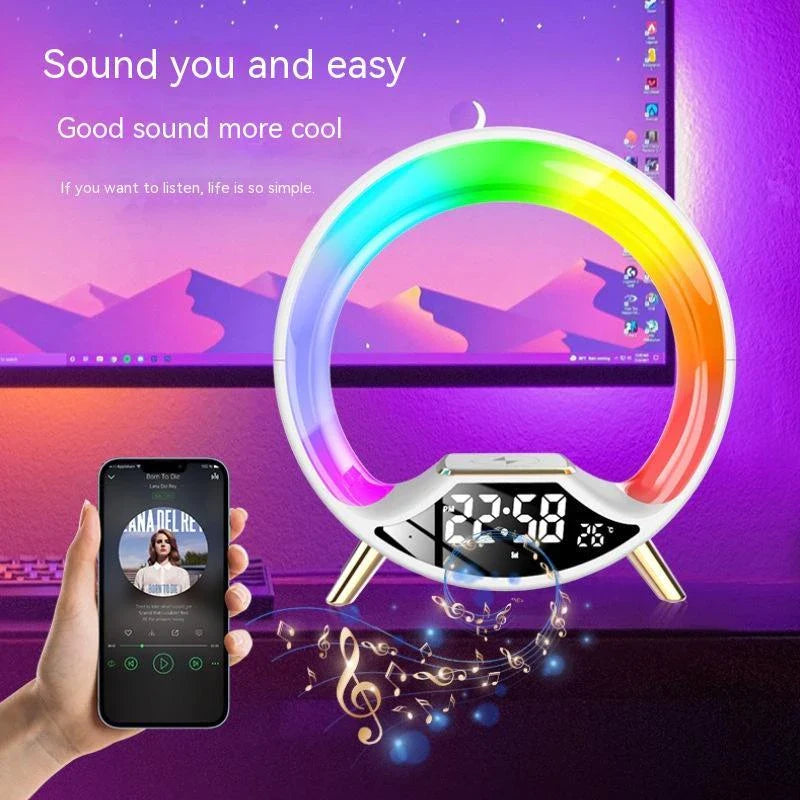 A versatile wireless charging lamp with Bluetooth speaker and ambient lighting effects, suitable for various home and office settings.