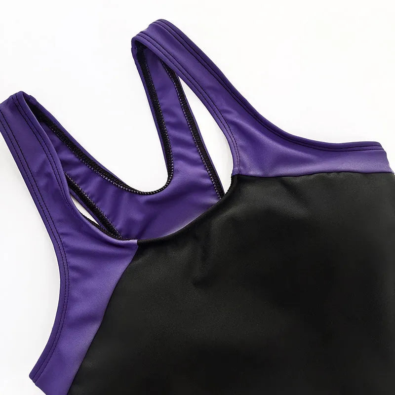Women's printed one-piece swimsuit with backless cut-out, sleeveless polyester design in purple, green or blue
