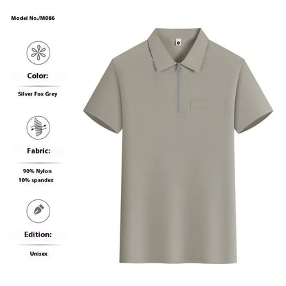 Short sleeve nylon advertising shirt with zipper pockets on lapels in silver fox grey colour