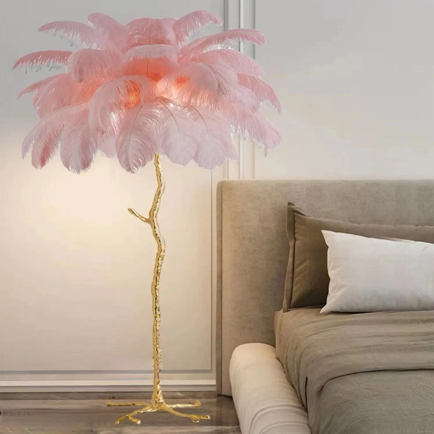 Decorative resin feather floor lamp with 32 feathers in dark green, pink or white colours measuring 170cm tall