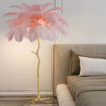 Decorative resin feather floor lamp with 32 feathers in dark green, pink or white colours measuring 170cm tall