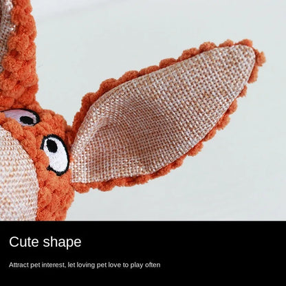 Plush dog squeaky chew toy in animal shape options: donkey, elephant, orangutan, or rabbit.