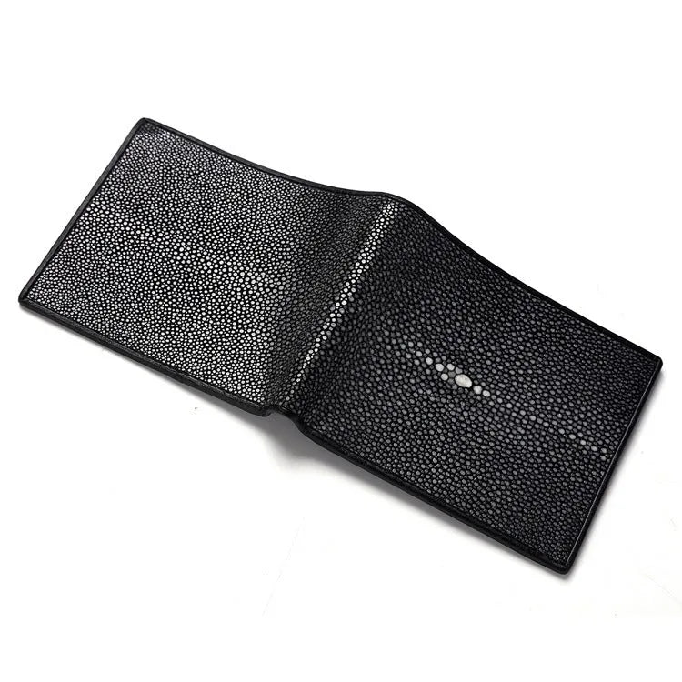 Genuine leather cowhide wallet with pearl fishskin lining in horizontal square design