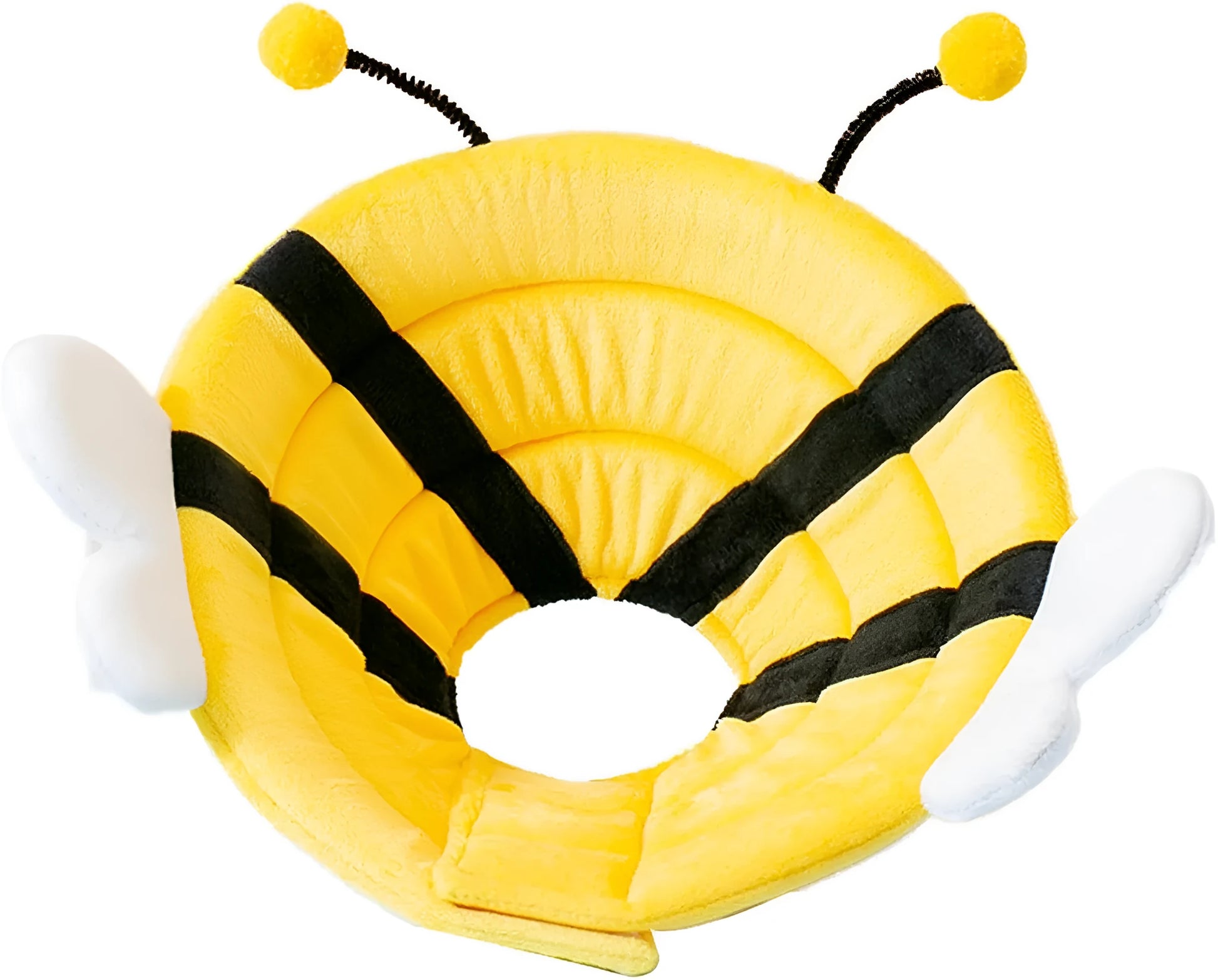 Soft cat cone collar with a yellow and black bee design and Velcro closure.