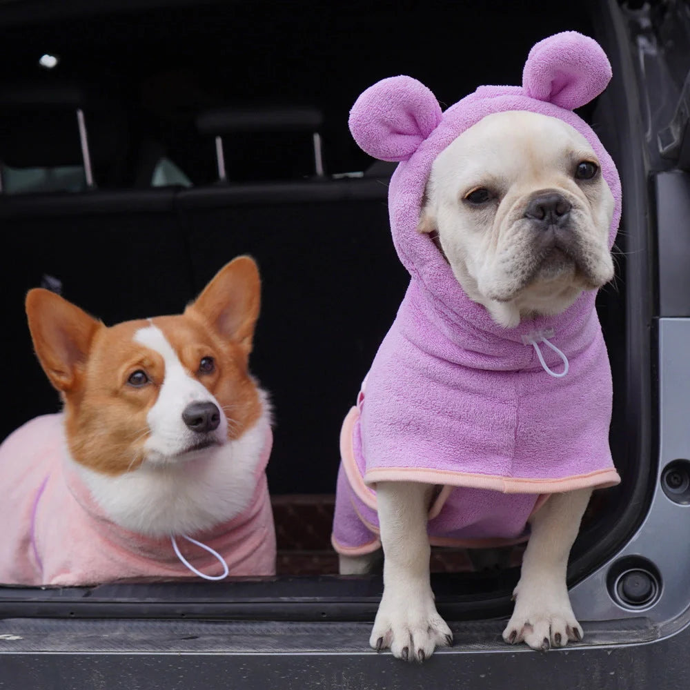 Adjustable dog bathrobe in coral fleece for quick drying, available in multiple colours and sizes