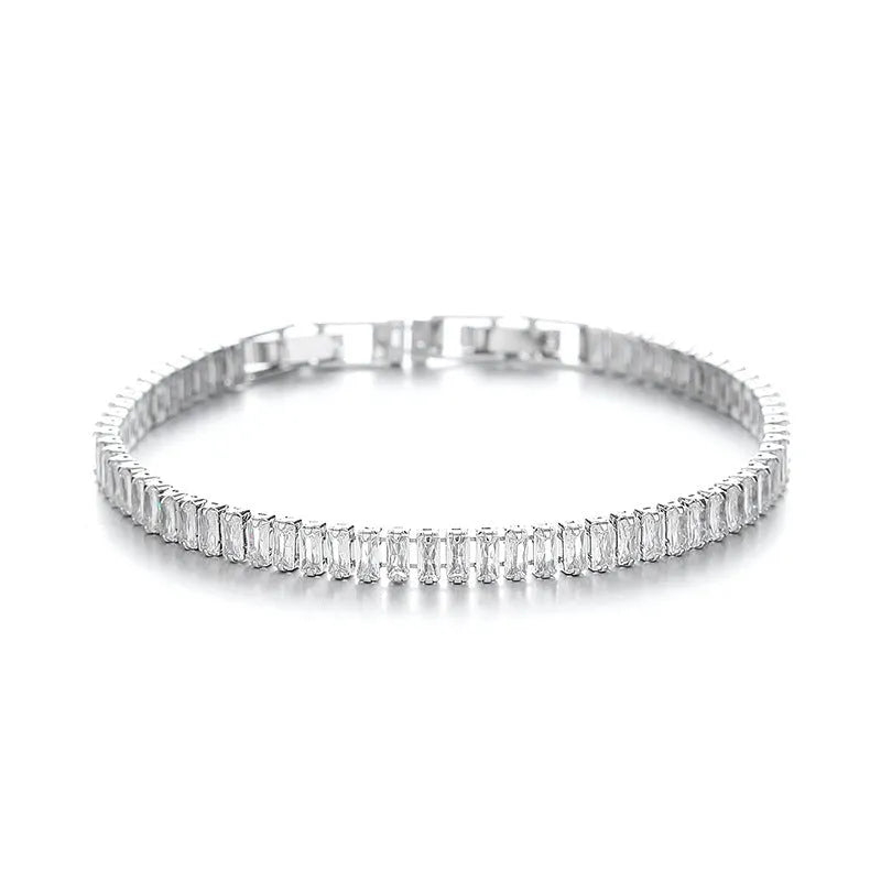 Women's rectangular geometric brass bracelet with full diamond zircon inlay in champagne gold colour