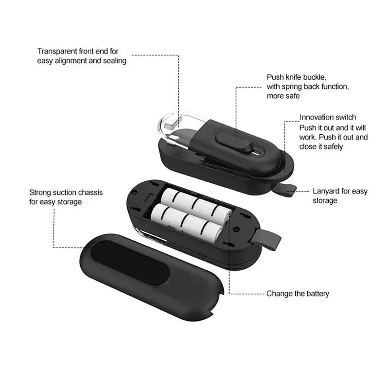 Handheld portable food bag sealer in black, white, or lake blue with sealing and cutting functions
