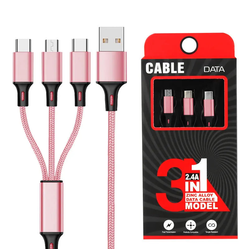 Red 3-in-1 nylon braided charging cable with three connector types on a 1.2m cord