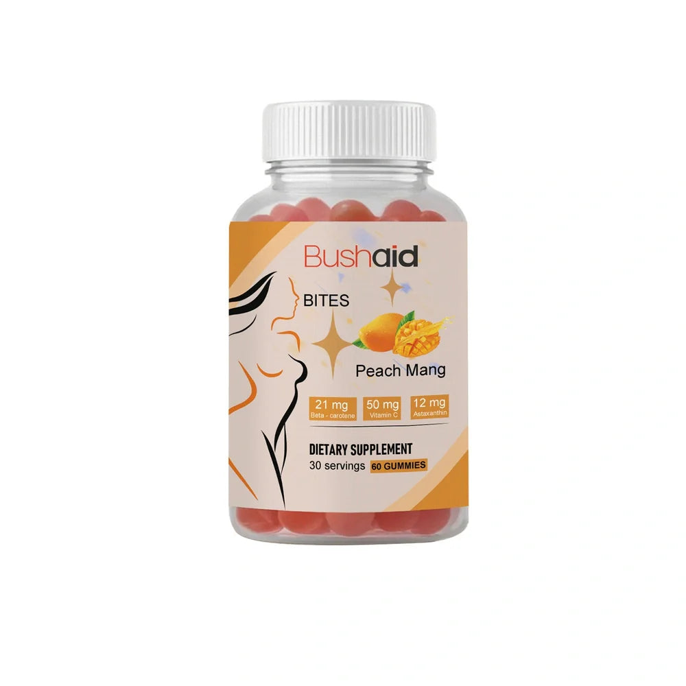 BUSHAID tanning gummy candies container with 60 soft candies containing 125μg Vitamin D3 and Haematococcus pluvialis astaxanthin