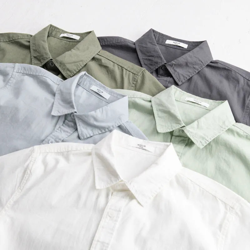 Men's casual short sleeve shirt in pure cotton with loose fit, shown in multiple colour options