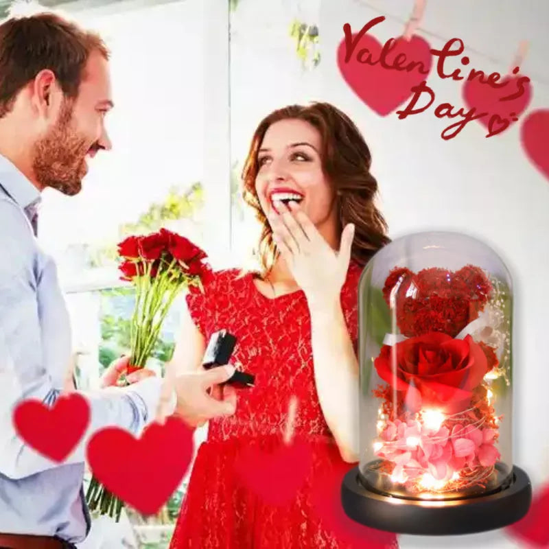 Eternal preserved rose and teddy bear gift box with warm LED lights