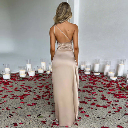 Chic one-shoulder backless slit dress in various colors, including red, apricot, rust, royal, wine red, and more.