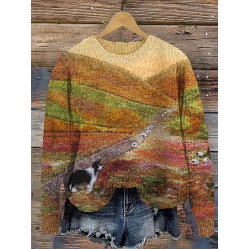Women's round neck sweater with a colourful digital floral print on polyester fabric.