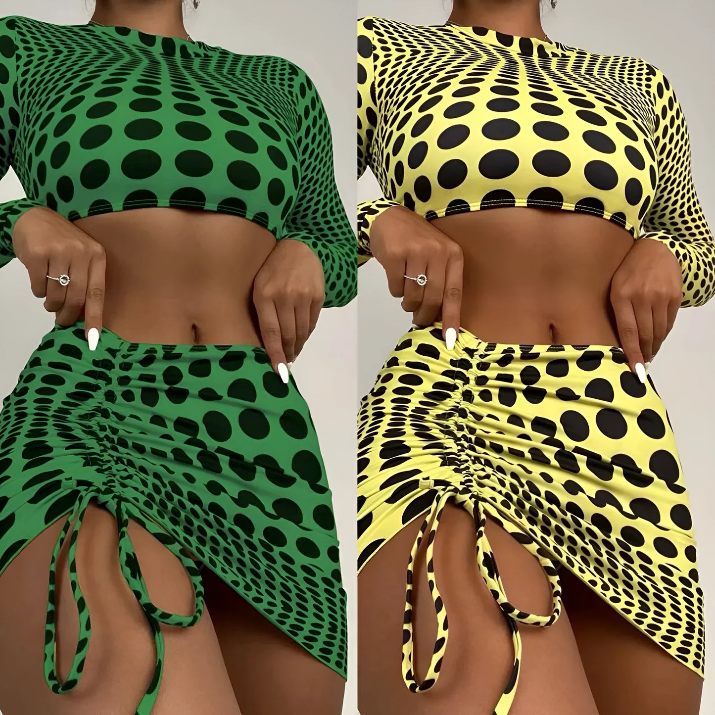 Women's green polka dot three-piece swimsuit set showing top, skirt, and bra