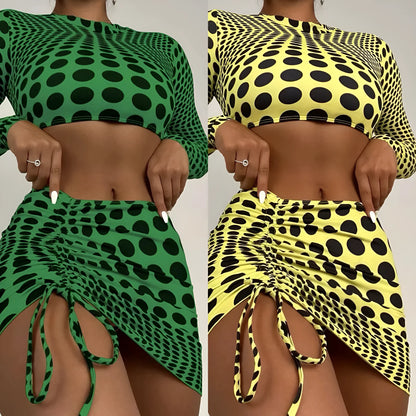 Women's green polka dot three-piece swimsuit set showing top, skirt, and bra