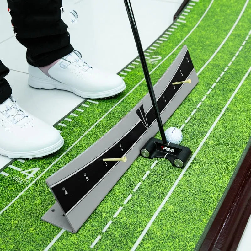 Golf putter trajectory balance simulator with adjustable push rod balancer on practice green