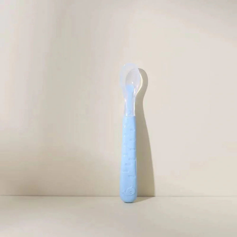 Stainless steel dual-headed baby food spoon in various colours for easy feeding