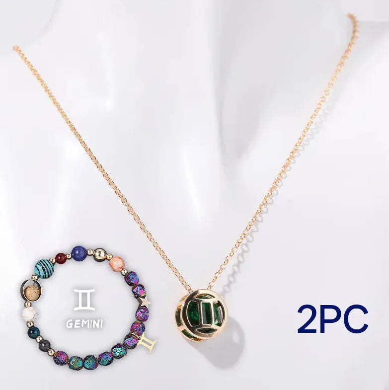 Natural stone bead necklace and matching bracelet set on display