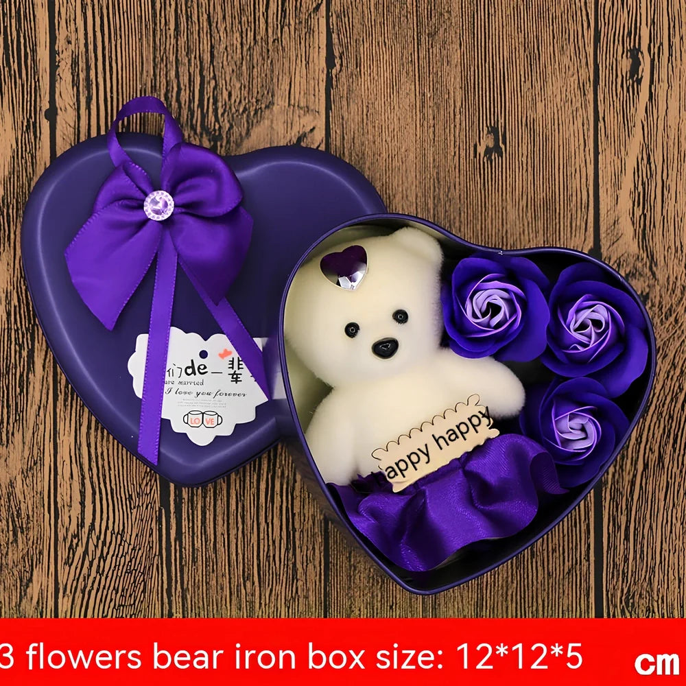 Handmade soap flowers in red heart-shaped tin box measuring 12x12x5cm